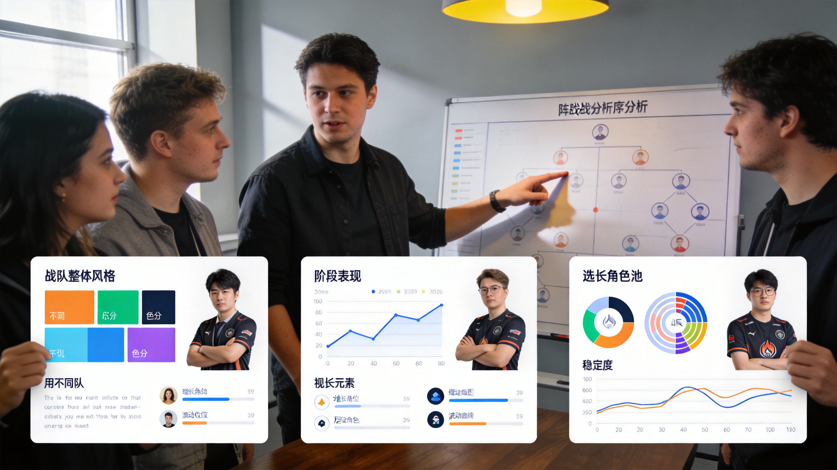战队与选手资料页面中的战术板与阵容分析示意